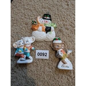 Christmas Ceramic Ornaments Mice‎ Snowman Snowlady lot of three 092